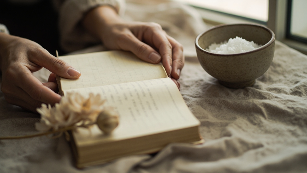 Hands resting near a journal and ritual objects in soft natural light, evoking a life transition moment
